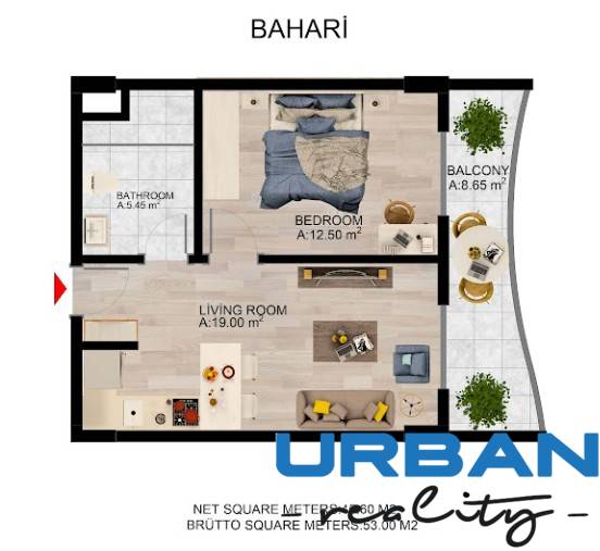 Floor plan of a 1-bedroom apartment with a living room, kitchenette, bedroom, bathroom, and balcony.