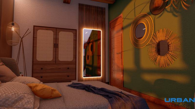 Bedroom in a studio apartment with cozy lighting, a mirror, and wall decor.