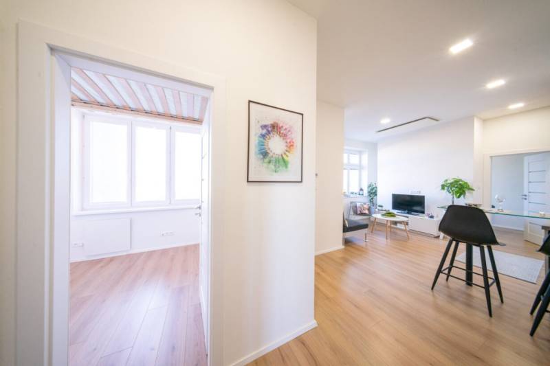 Interior of a 2-room apartment with a wooden decor floor and a colorful painting on the wall.
