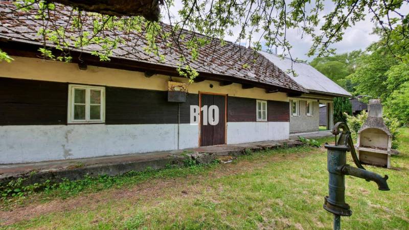 A wooden cottage in Necpaly with a traditional pump and an outdoor fireplace surrounded by greenery.
