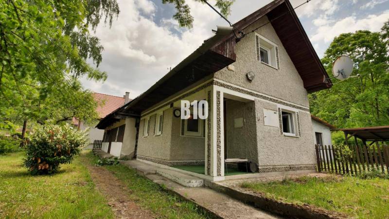 A cottage in Necpaly surrounded by greenery, with white plaster and a satellite dish.