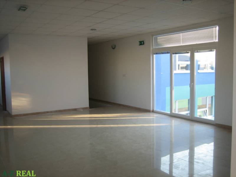 Bright office spaces with tiles and large windows.