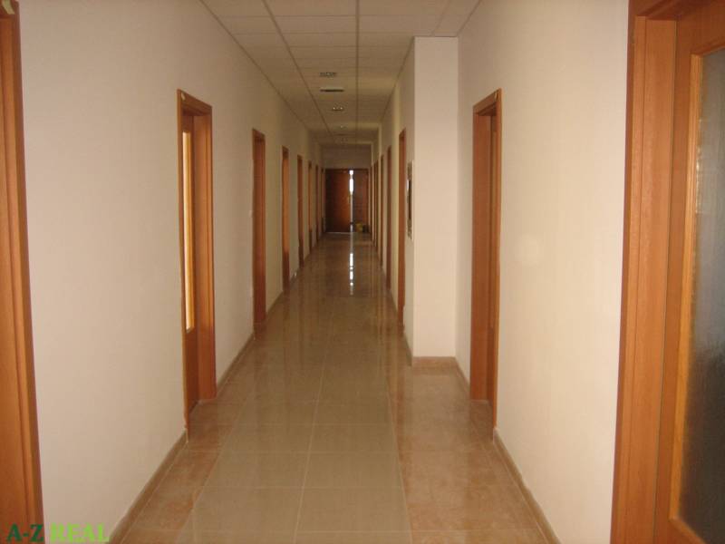 A long hallway in an office with tiled flooring and a row of doors on both sides.