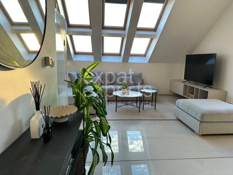 Living room in a three-room apartment, large skylights, light furniture, plant, decoration.