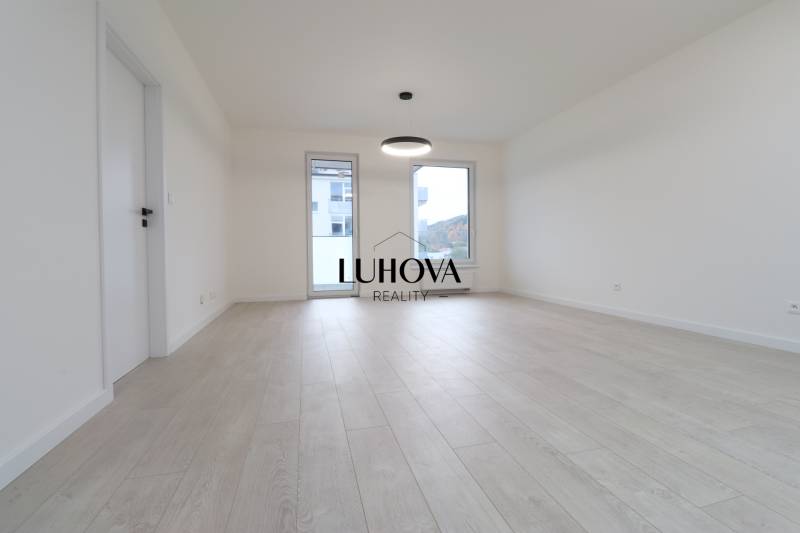A spacious room with a light wood-patterned floor in a 4-room apartment.