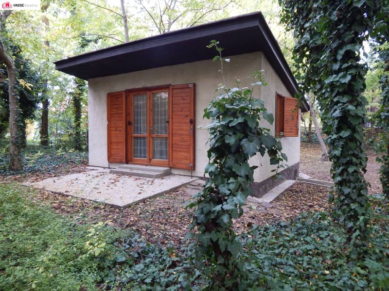 A cottage in Radvani nad Dunajom surrounded by greenery, wooden shutters, terrace.