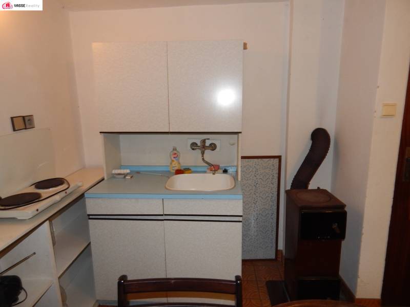 A kitchenette in a cottage with a two-burner stove, a sink, and a stove, without wooden decor.