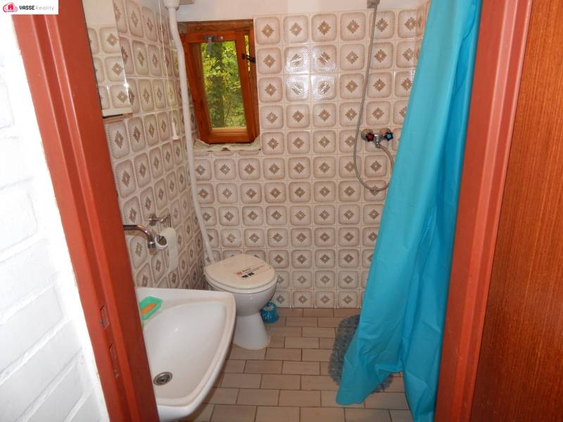 Bathroom in a cabin with classic tiles, toilet, and a blue shower curtain.