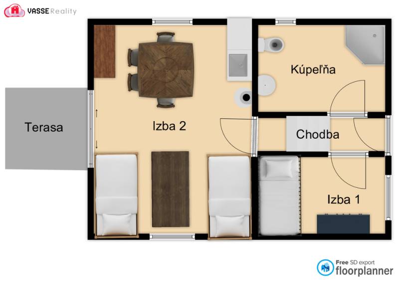 The floor plan of a cottage with a terrace, two rooms, and a bathroom without a kitchen.