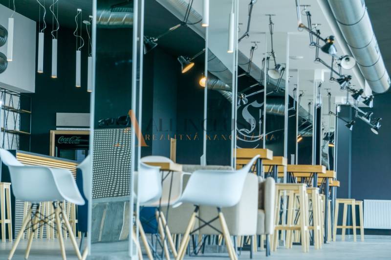 Modern gastro spaces with furniture, lights, and interior details.