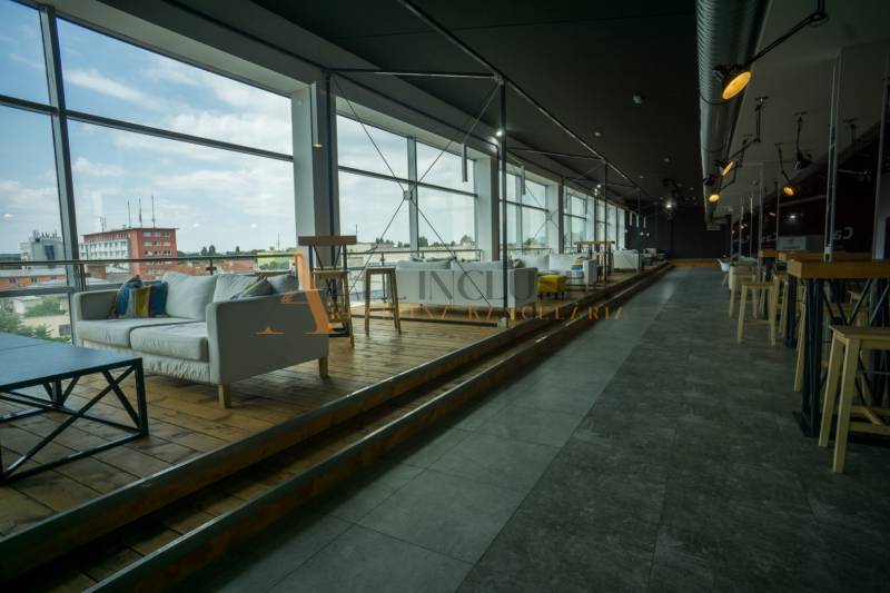 Spacious gastro spaces with wood-patterned flooring and large windows.