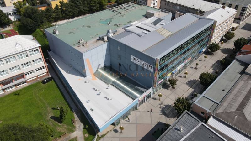 Aerial view of a building with a glass facade in Topoľčany at Obchodná 8.