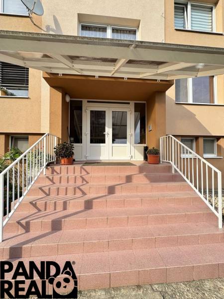 Entrance with stairs of a 4-room apartment in Horné Obdokovce with railing and flowers.