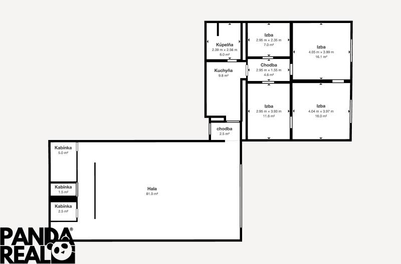 Floor plan of a family house with a room, kitchen, bathroom, and hall.