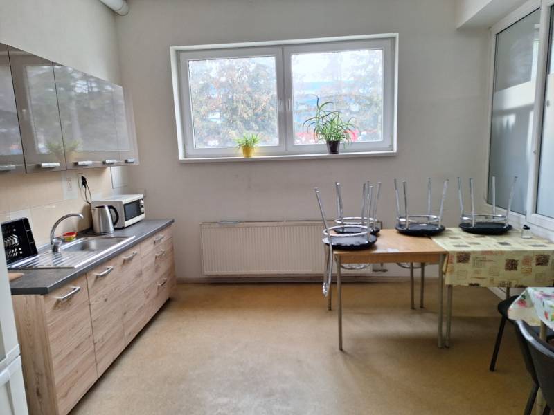 A kitchenette in warehouses and halls with wooden decor, chairs on the table, houseplants.