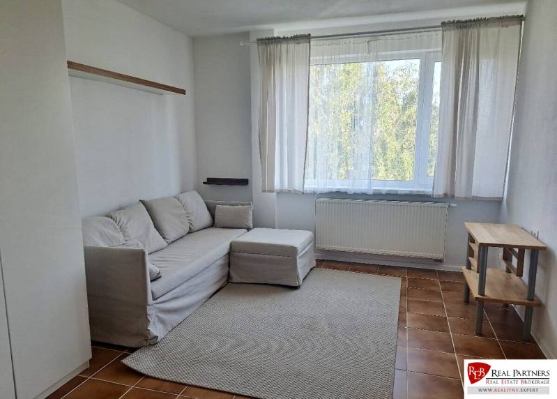 A comfortable living space in a 3-room apartment with a sofa and wooden decor.