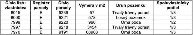 Table with plots in record E: grasslands, forests, and arable land, joint ownership.