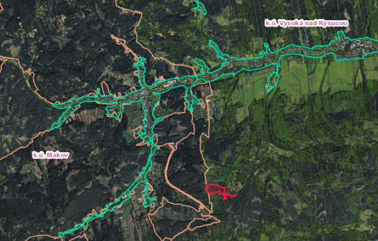 Map of agricultural and forest lands in Vysoká nad Kysucou with visible cadastral boundaries.