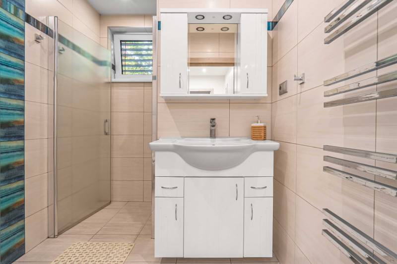 A bathroom in a family house with a shower, a white sink, and a mirrored cabinet.