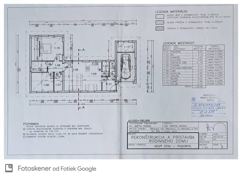 Floor plan of the renovation and extension of a family house with the specification of rooms and materials.