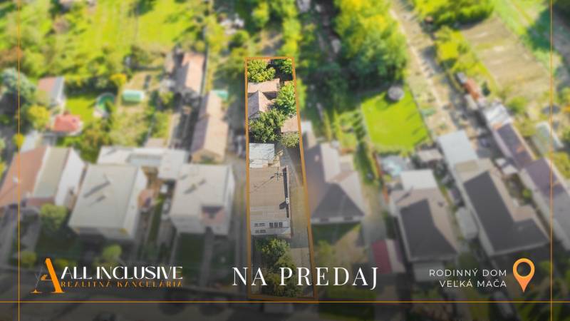 Aerial view of a family house in Veľká Mača, surrounded by greenery and gardens.