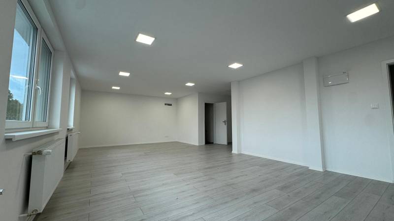 The interior of an office with white walls, wood-patterned flooring, and large windows.