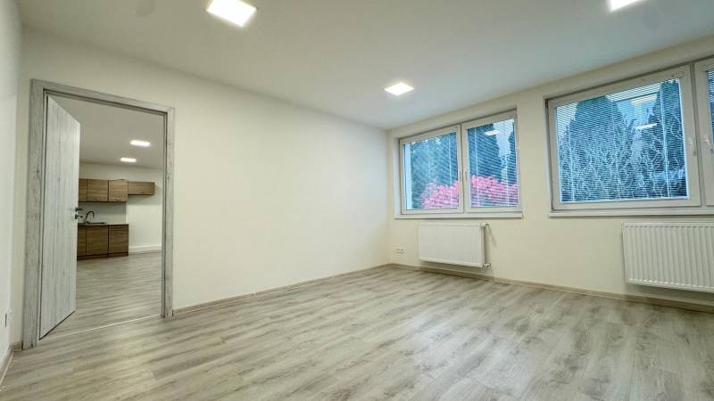 Interior offices with wood-patterned flooring, windows, and simple furnishings.