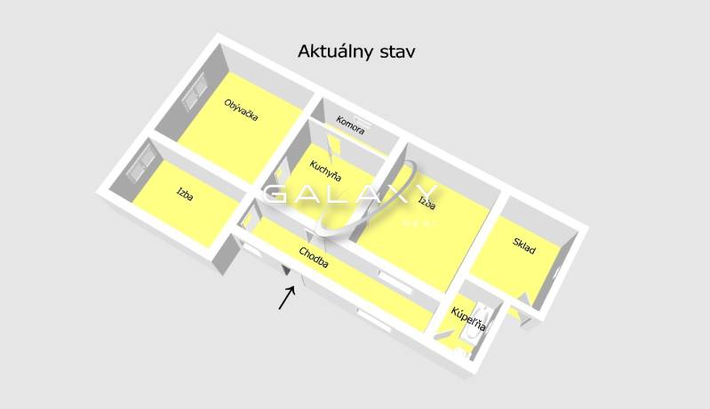 Floor plan of a family house in Horné Saliby with a living room, kitchen, and rooms.