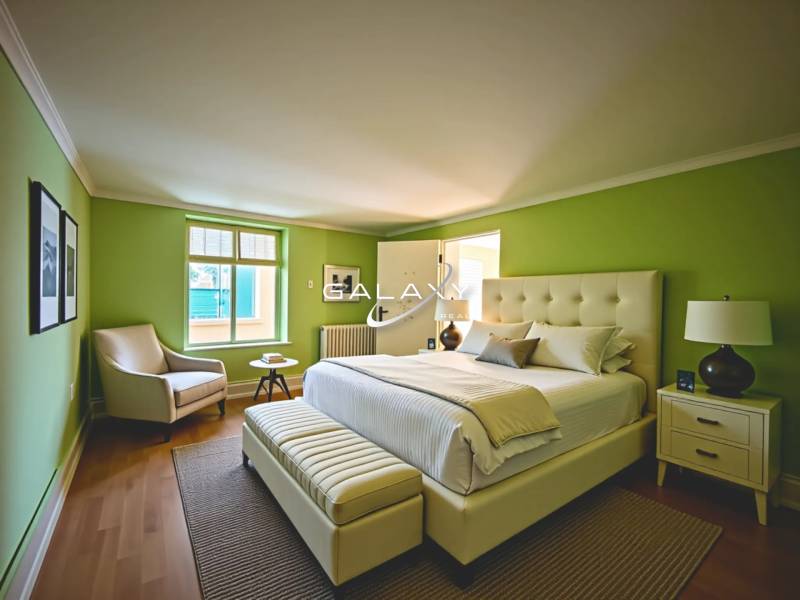 Bedroom with wood-patterned flooring and green walls in a family house.