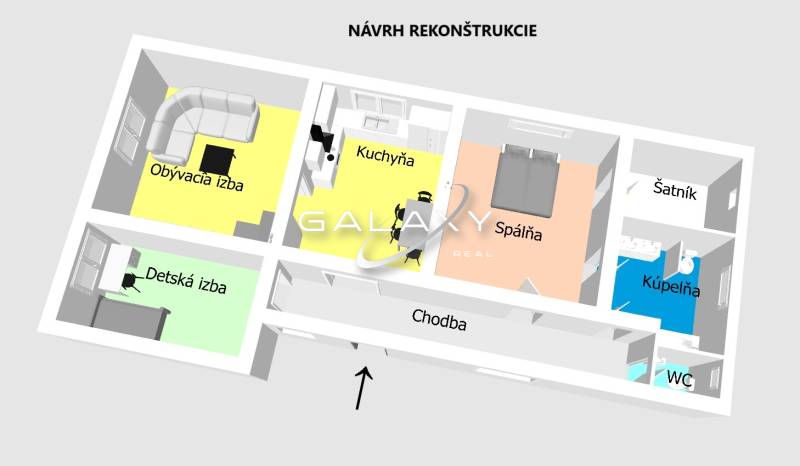 Proposal for the renovation of a family house with the layout of rooms, including the kitchen and bathroom.