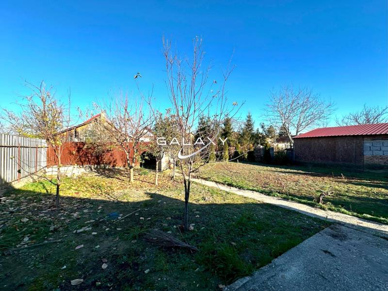 The garden of a family house in Horné Saliby with fruit trees, a fence, and a blue sky.
