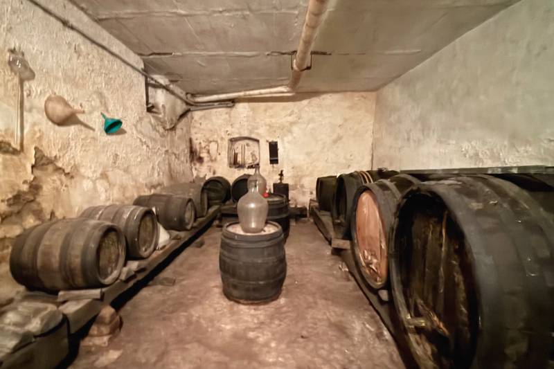 A wine cellar with wooden barrels in the basement of a family house, softly illuminated by the space.