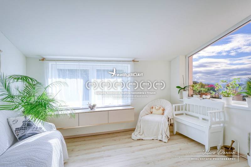 A bright room with wood-patterned flooring, a sofa, plants in a family house.