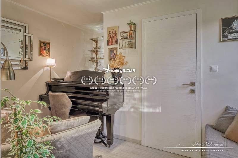 Interior of a family house with a piano, an armchair, and decorative plants, floor with wooden decor.