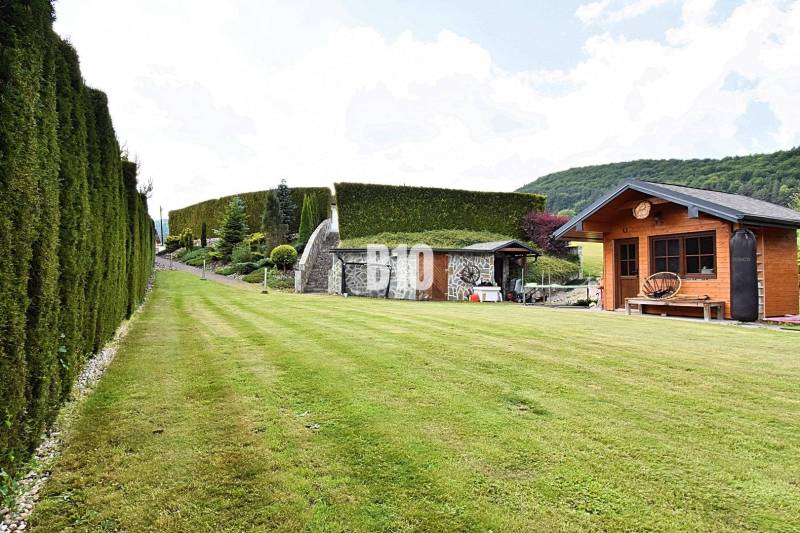 A well-maintained lawn at a villa in Súľov-Hradná with a wooden house and a hedge.