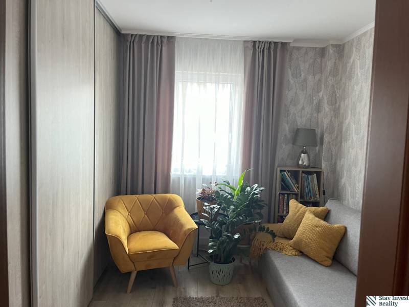 Cozy room in a 2-room apartment with an armchair, sofa, and plants.