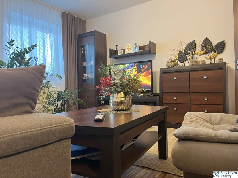 Living room in a two-room apartment with wooden furniture, decorations, and greenery.