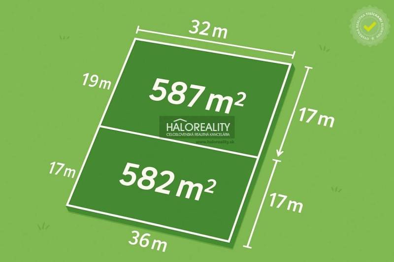 Diagram of two residential plots in Brodské with dimensions of 587 m² and 582 m².