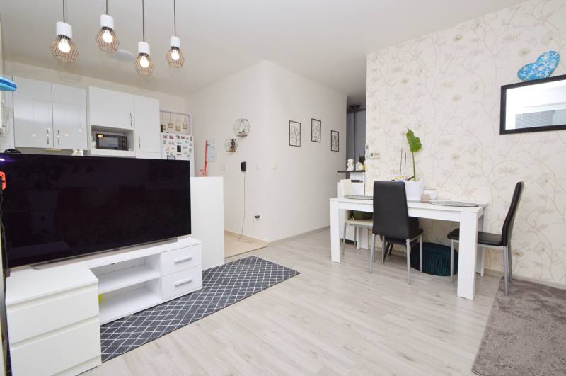 Living room of a 3-room apartment with furniture, TV, and a wooden decor floor.