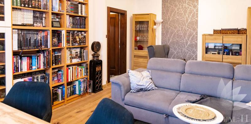 Living room of a 3-room apartment with a sofa, bookshelf, and wooden decor flooring.