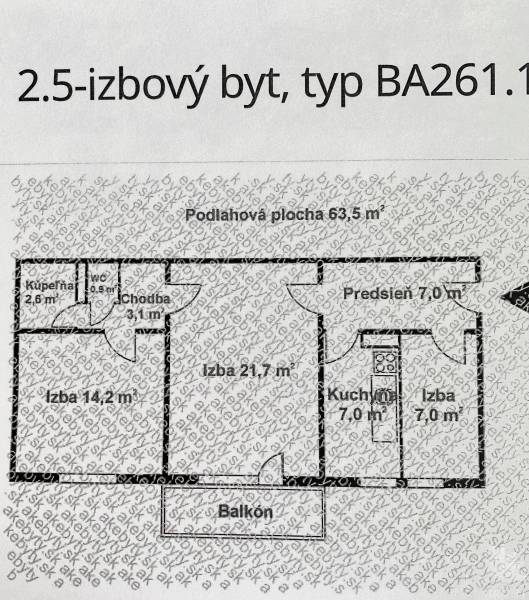 Floor plan of a 2.5-room apartment with a balcony, kitchen, and hallway. Area 63.5 m².