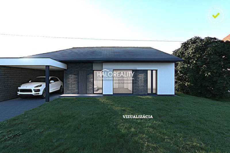 Visualization of a house with a shelter and parking in Kameničná, suitable for residential plots.