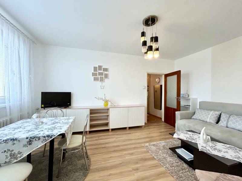 Living room in a 2-room apartment with a wooden decor floor, a sofa, and a dining table.