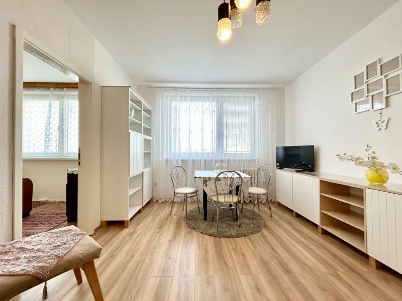 Living room in a two-room apartment with a wooden decor floor and light furniture.