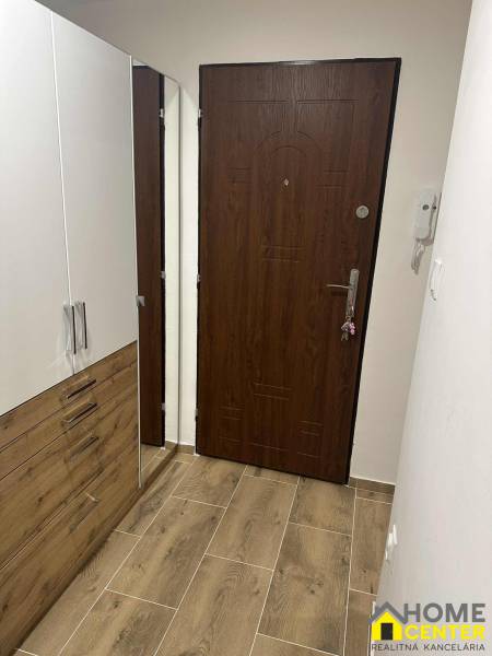 Entrance hallway in a one-room apartment with a wooden decor floor and a wardrobe.