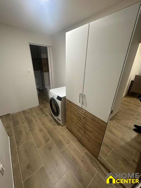 Interior of a 1-room apartment with a washing machine, wardrobe, and wooden decor flooring.