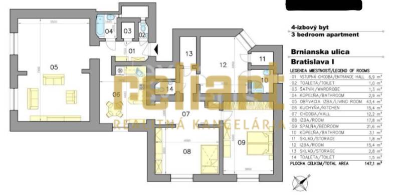 Floor plan of a 4-room apartment with an area of 147.1 m² on Brnianska Street, Bratislava - Staré Mesto.