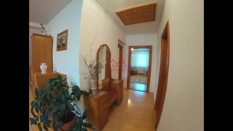 A hallway in a family house with a wooden decor floor, wooden furniture, and a plant.