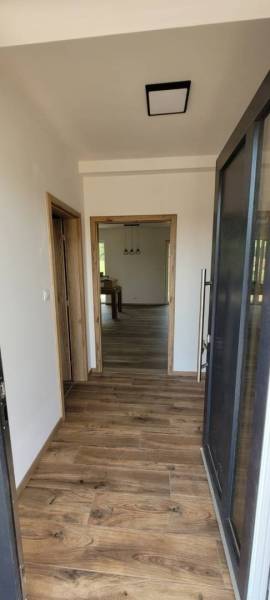 In the family house, there is an entrance hall with a wood-patterned floor and simple lighting fixtures.
