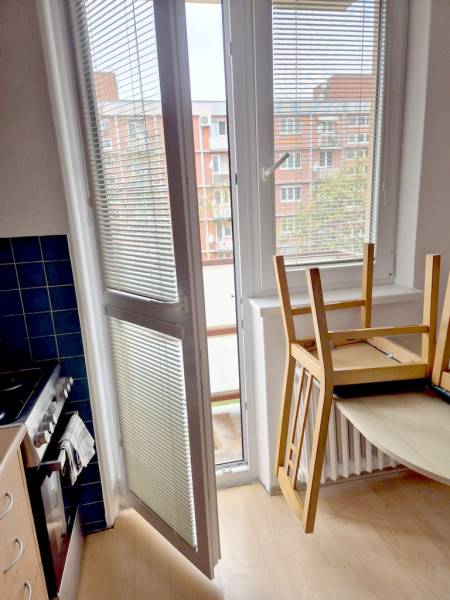 Kitchen in a studio apartment with wood-patterned flooring and balcony doors.